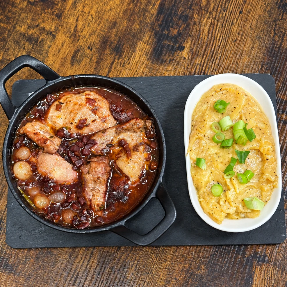 Coq au Vin in einer gusseisernen Pfanne mit Beilage